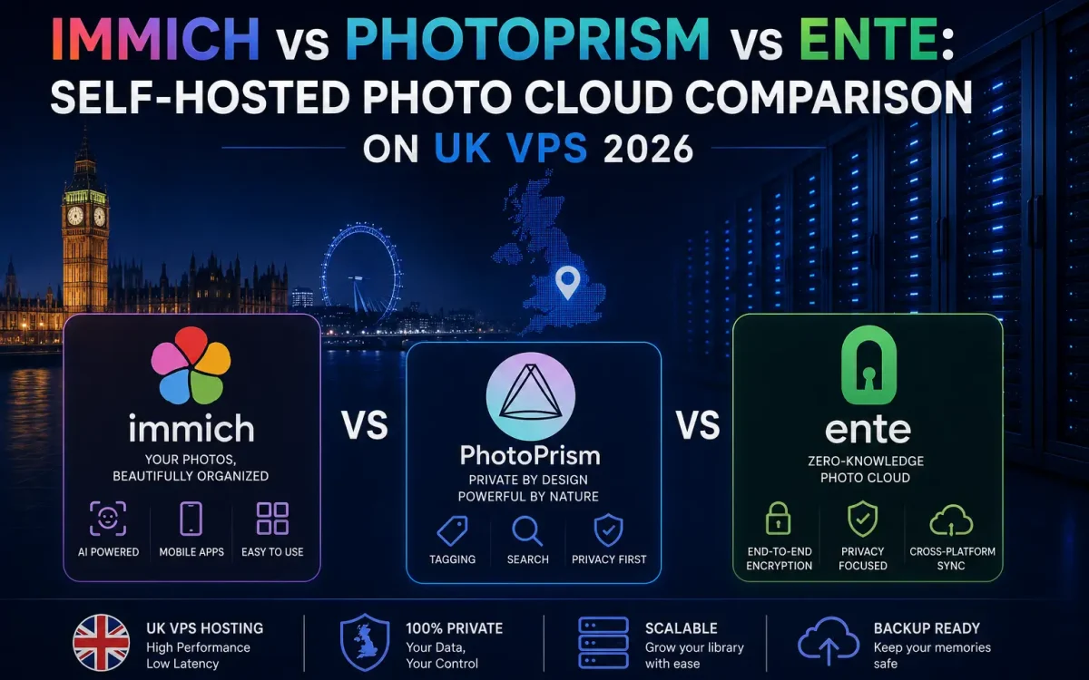 Immich vs PhotoPrism vs Ente: Self-Hosted Photo Cloud Comparison on UK VPS 2026