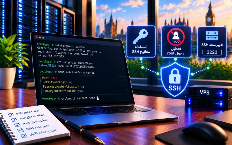 كيف تؤمّن SSH على VPS (مفاتيح + تعطيل root + تغيير المنفذ) 2026